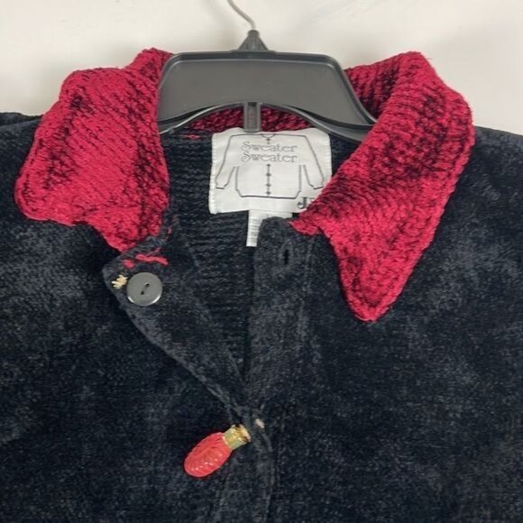 Vtg  J Two New York Black Maroon Cardigan Sweater w Perfume Bottle Buttons LARGE - Picture 7 of 12